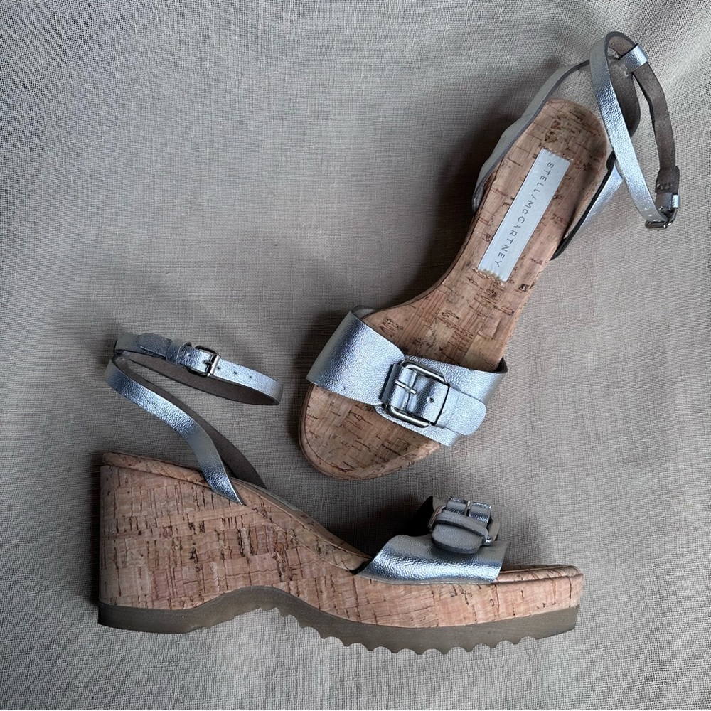 Stella McCartney Linda Cork Platform Metallic Silver Strappy Sandals 37